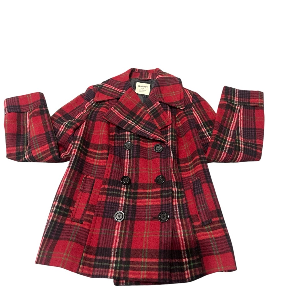 Burberry Like Red and Black Plaid Pea Coat